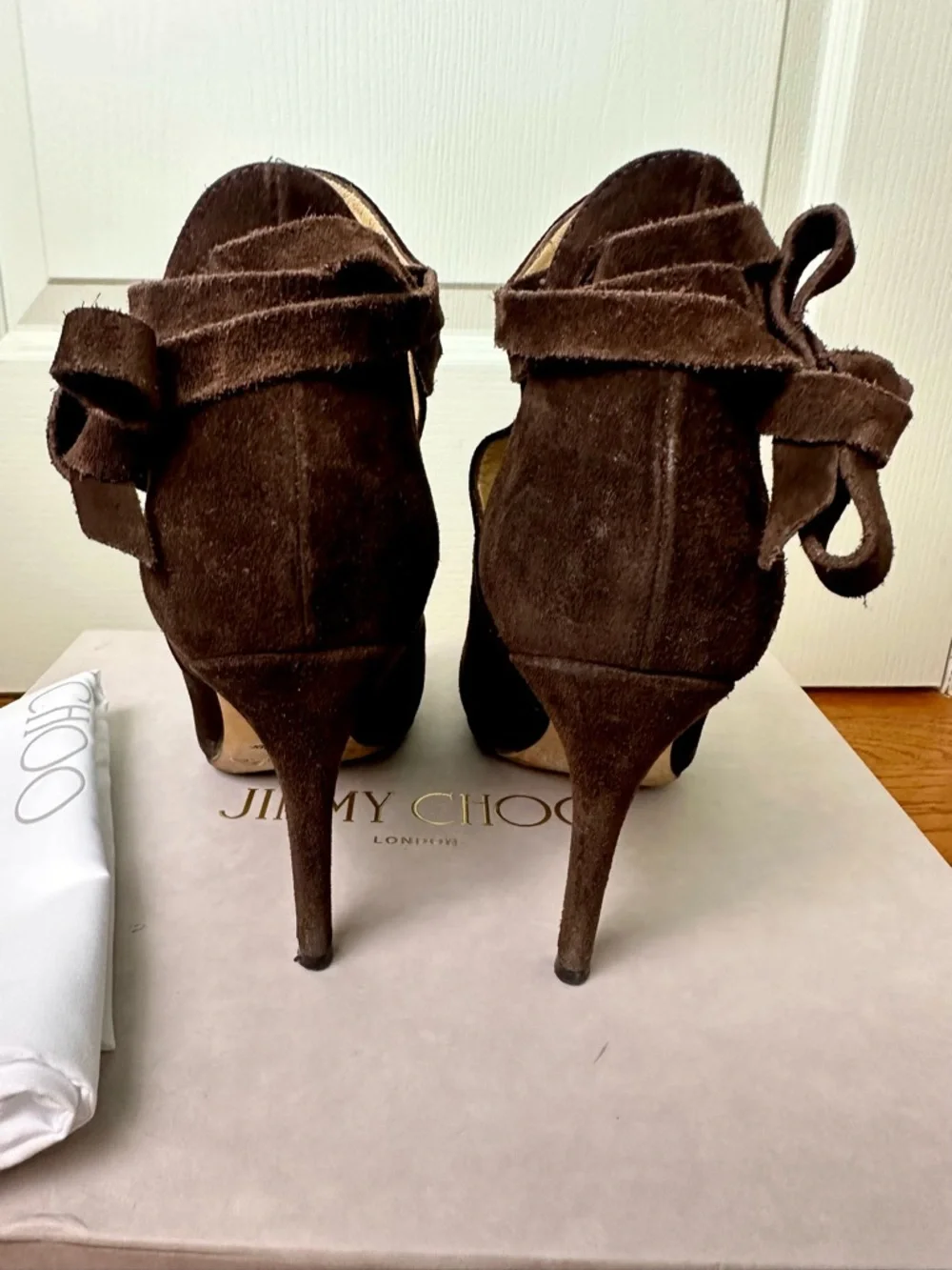 Jimmy Choo Dark Brown Marina Suede Heeled Booties 37.5 (with box & dustbag) - Picture 3 of 7